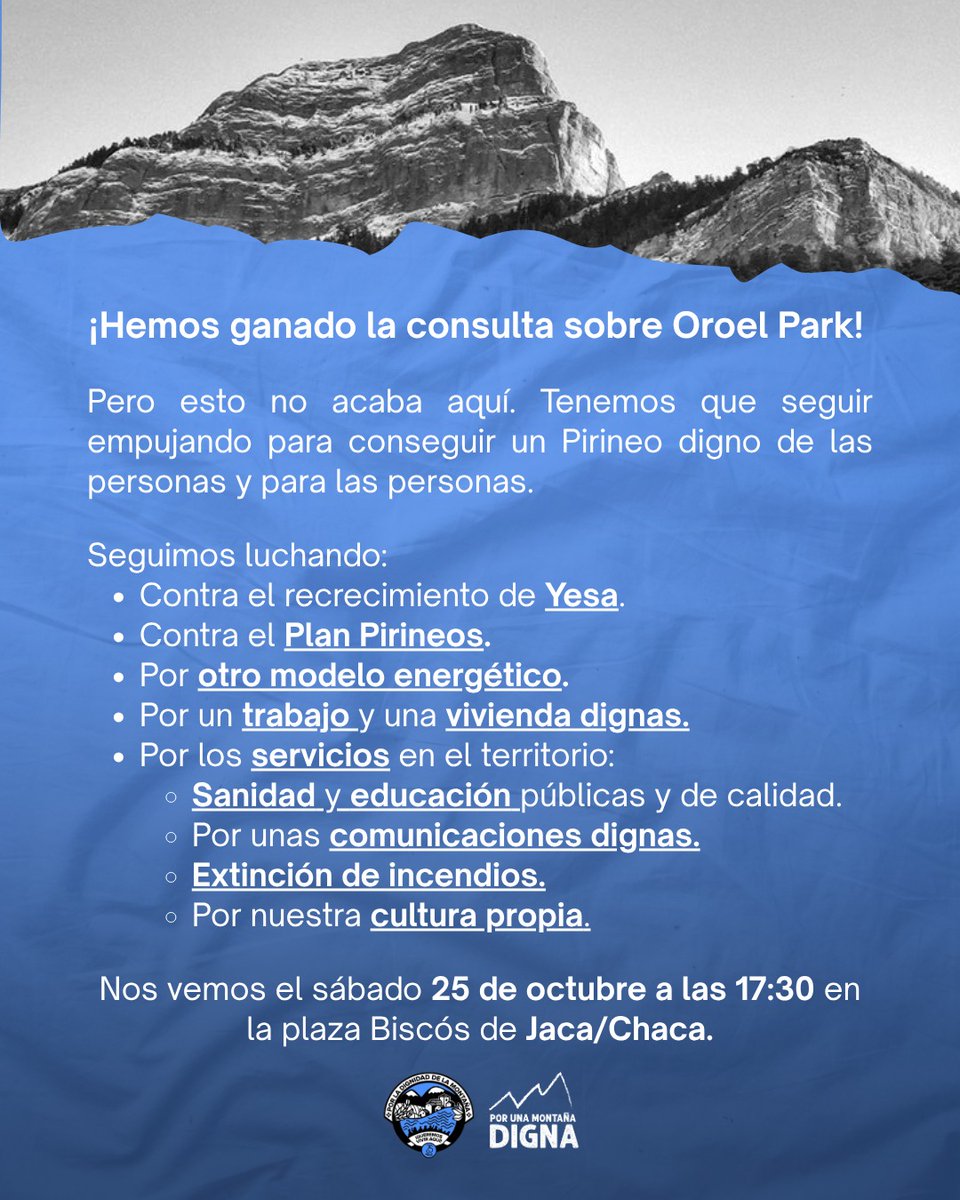 PDMAAragon's tweet photo. Referendum sobre el proyecto Oroel Park: 74% No.
Esperamos que al Ayuntamiento de Jaca no le quede ninguna duda de que mayoritariamente no queremos otro parque de atracciones en Peña Oroel https://t.co/4jo0a0wkeH