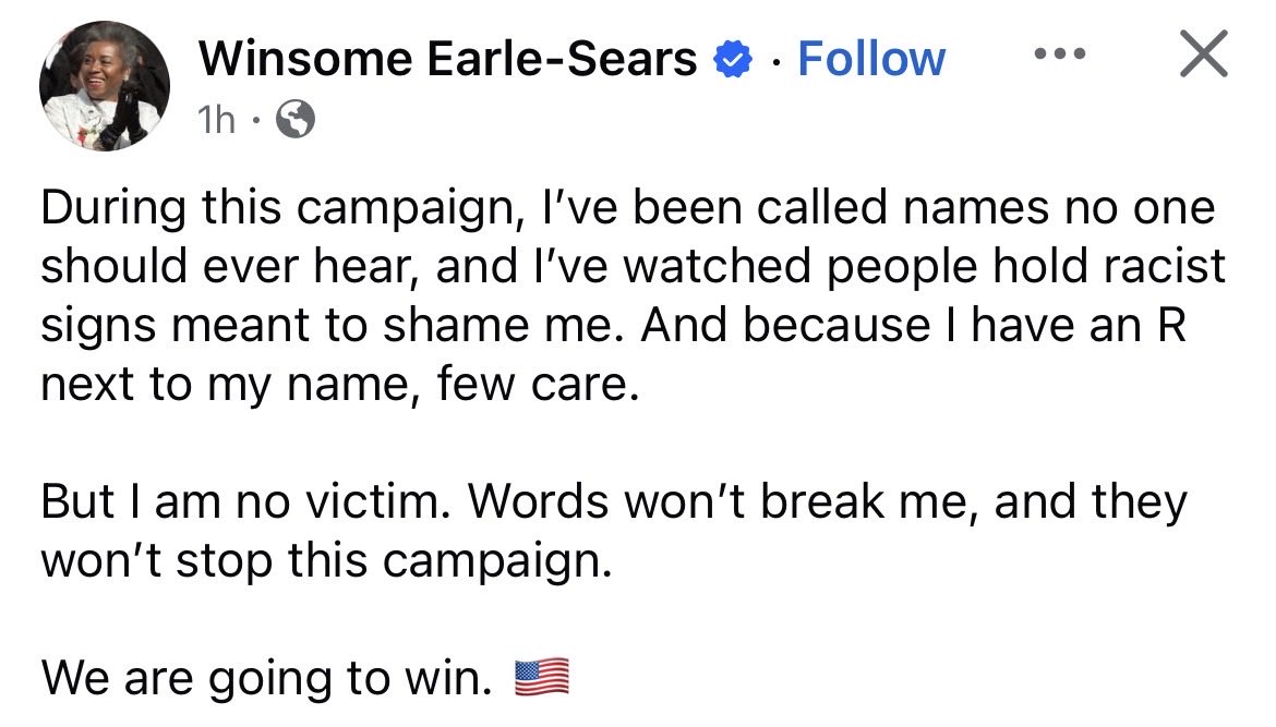 Virginia Lt. Gov. Winsome Earle-Sears calls out racism in 2025 election.