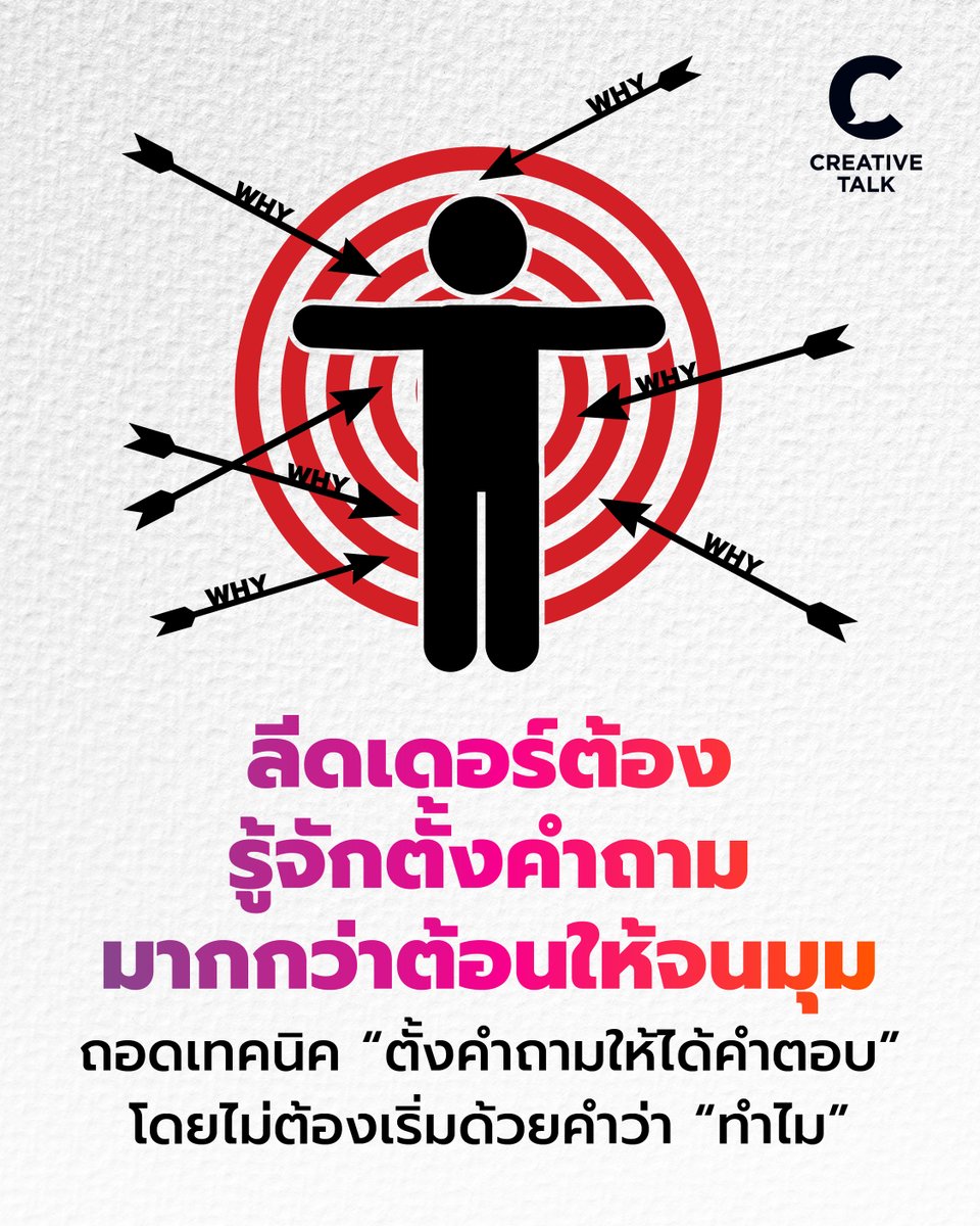 ลีดเดอร์ต้องรู้จักตั้งคำถาม มากกว่าต้อนให้จนมุม ถอดเทคนิค “ตั้งคำถามให้ได้คำตอบ” โดยไม่ต้องเริ่มด้วยคำว่า “ทำไม”
creativetalkconference.com/leaders-ask-qu…

#CREATIVETALK #Leader #Question #การตั้งคำถาม #Coaching