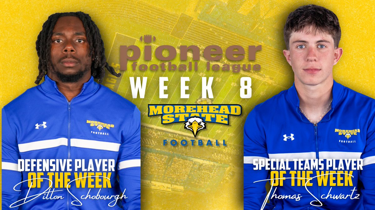 Congrats to <a href="/MSUEaglesFB/">Morehead State Football</a>'s <a href="/TSchwartz_5/">Thomas Schwartz V</a> and <a href="/Dillon_s10/">Dillon Schobourgh</a> for earning this week's <a href="/PFLNews/">Pioneer Football</a> Special Teams and Defensive Player of the Week awards.

Story: tinyurl.com/bdehumvm

#SoarHigher #SkoEags