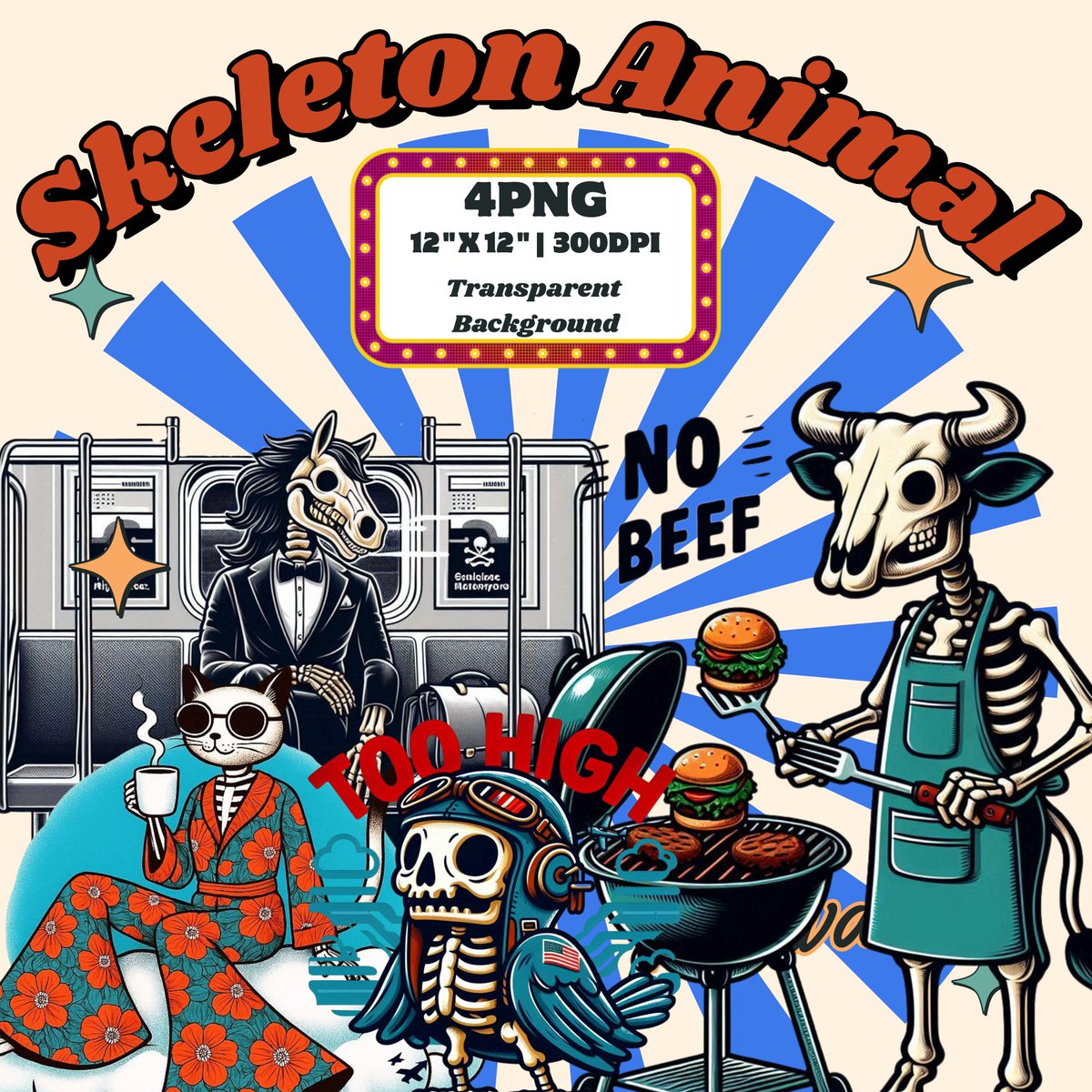 Kaemillionairee's tweet image. Retro Animal Skeleton Clipart Set | Funny Skeleton Cartoon PNG by Kaemono 
 etsy.me/4oqT1yH via @Etsy 
#RetroArt #SkeletonDesign #FunnyArt #DigitalDownload #VintageCartoon #SpookyVibes #TshirtDesign #EtsySeller #HalloweenArt #AnimalArt #RetroStyle #SkeletonHumor