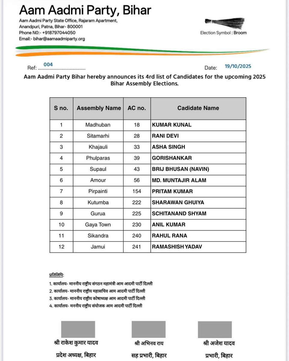 आम आदमी पार्टी बिहार के विधानसभा प्रत्याशियों की चौथी सूची जारी।

सभी घोषित प्रत्याशियों को शुभकामनाएं।

#BiharMaangeKejriwal