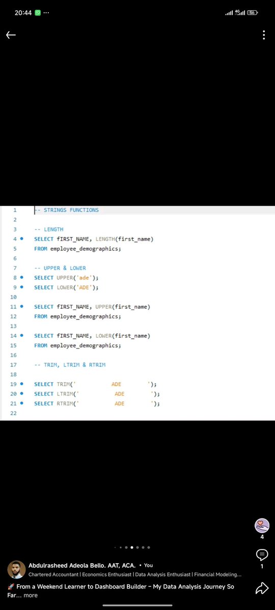 Oluwamayor20's tweet image. I learnt STRINGS FUNCTIONS & SUBQUERY on SQL today
All I can say is damn ๐ฎโ๐จ๐
Window function and may be CTEs tomorrow ๐ช๐ป
I will be making a LinkedIn post every week on my growth.
This week link:
linkedin.com/posts/abdulrasโฆ
Don't forget to connect too, Thank you โค๏ธโค๏ธ