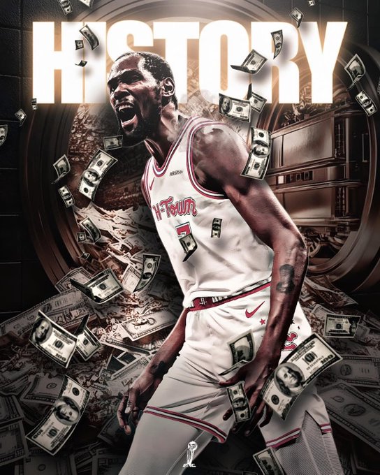 Dramatic graphic illustration featuring basketball player Kevin Durant in a white Chicago Bulls jersey with red accents and number 3, standing dynamically with arms outstretched amid falling stacks of US dollar bills, set against a dark vault-like background with bold glowing text HISTORY above his head, emphasizing achievement and wealth.