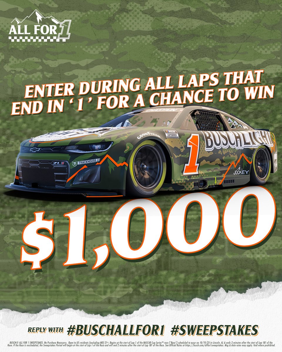 BuschBeer's tweet image. LAP 81 is here! Hunt down a chance to WIN $1,000​

REPLY NOW using #BuschAllFor1 #Sweepstakes to enter for a chance to win #YellaWood500 @TALLADEGA