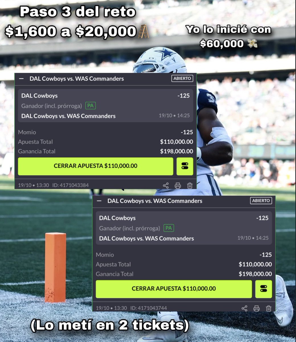 Todos los que metan el paso 3 dejen un ❤️🔄 quiero saber quienes confían otra vez en mí. Yo inicié el reto con $60,000 alv 💸 

Paso 3 del reto Domingo #NFL $1,600 a $20,000 🏈

Vámonos sin miedo al éxito #DallasCowboys