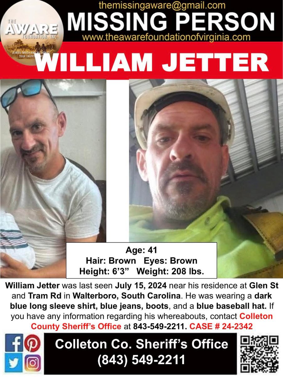 MISSING*** WALTERBORO, SOUTH CAROLINA William Jetter was last seen