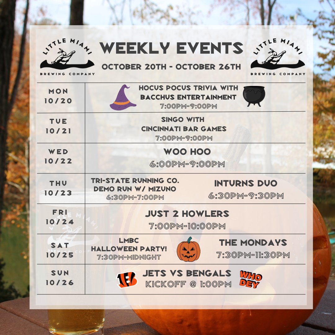 Don't miss a spookily fun week at LMBC 👻 Hocus Pocus Trivia, fun activities, live music, and our LMBC Halloween Party with The Mondays! 🎃

🕯️ Brush up on your spells and join us for Hocus Pocus Trivia Monday night, hosted by @bacchusentertainmentcincinnati
🎤 Bust out your