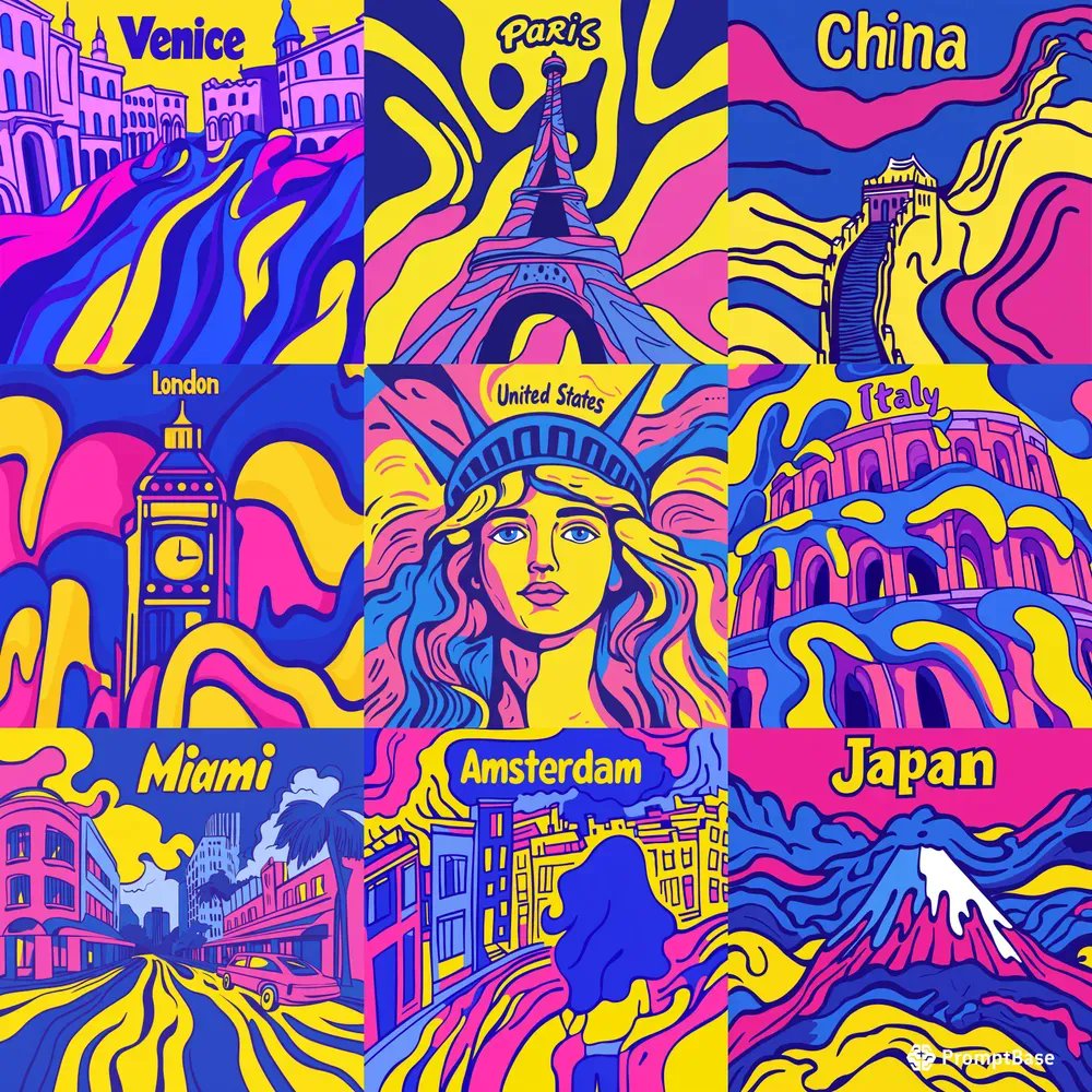 promptbase's tweet image. Psychedelic City Illustrations by celil using Midjourney 🌆🎨