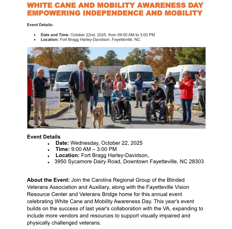 Veterans Bridge Home (@vetbridgehome) on Twitter photo Celebrate White Cane and Mobility Awareness Day with Us! 🦯
Join the Carolina Regional Group of the Blinded Veterans Association and Auxiliary, the Fayetteville Vision Resource Center, and Veterans Bridge Home for our annual event honoring White Cane and Mobility Awareness Day! Celebrate White Cane and Mobility Awareness Day with Us! 🦯
Join the Carolina Regional Group of the Blinded Veterans Association and Auxiliary, the Fayetteville Vision Resource Center, and Veterans Bridge Home for our annual event honoring White Cane and Mobility Awareness Day!