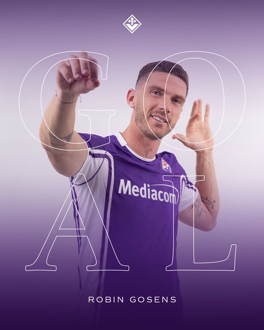 A man with short dark hair and a beard, identified as Robin Gosens, stands with arms outstretched in celebration, wearing a purple and white ACF Fiorentina soccer jersey with Mediacom sponsor logo on the chest, purple shorts, and wristbands. The background is a gradient purple, with large white outlined text GOAL centered above him and ROBIN GOSENS written below in white.