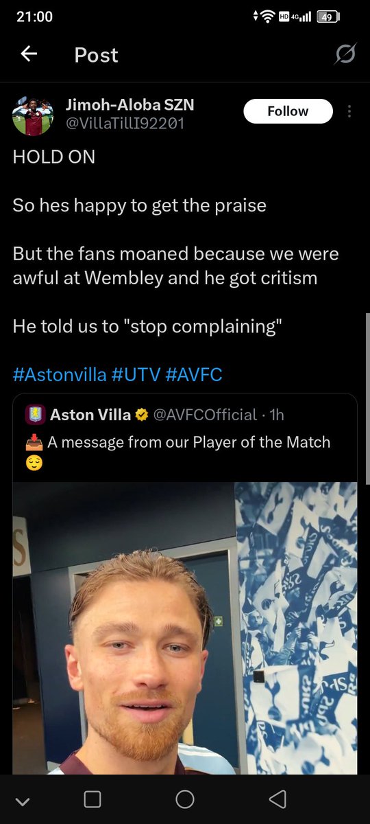 Still criticising (that's how you spell it, dickhead), your team's man of the match after that performance and that ball, says everything you need to know about our fanbase at times. 

Embarrassing #avfc