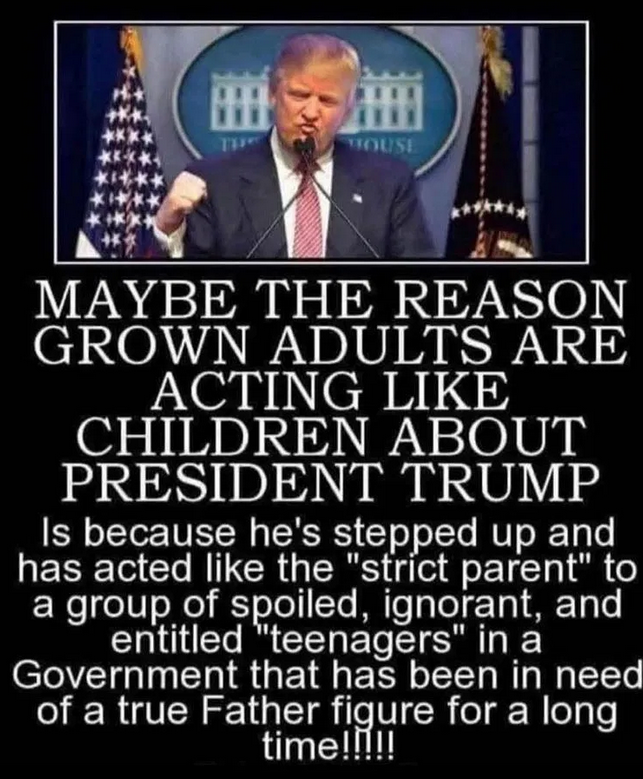 WHY DO YOU THINK adults are acting like children about President Trump - so much so that Trump has to act like a strict Father figure in charge of rebellious teenagers.

It so happens that the rebellious teenager types occupy government positions in DC not to mention the hierarch
