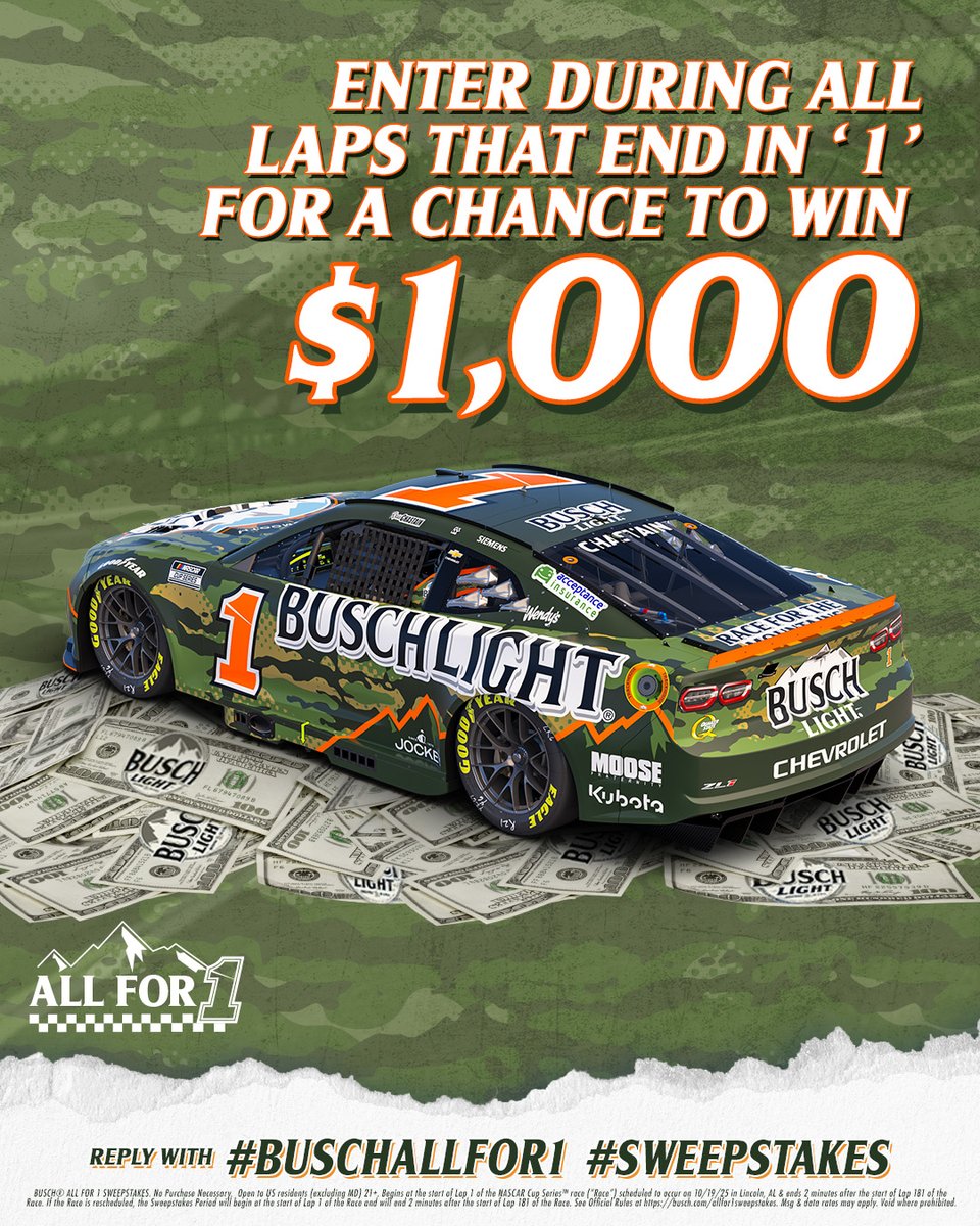 BuschBeer's tweet image. LAP 91: Not a bad time to enter for a chance to WIN $1,000​

REPLY NOW using #BuschAllFor1 #Sweepstakes to enter for a chance to win #YellaWood500