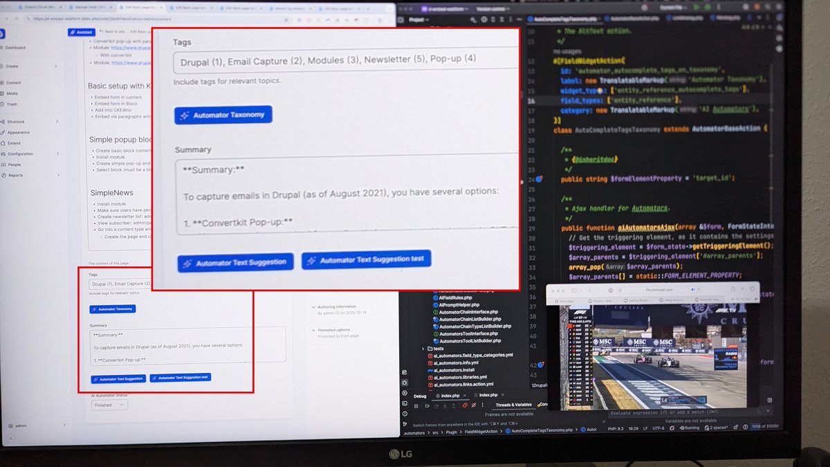 ivanzugec's tweet image. I'm feeling extra productive while playing around with Drupal AI 1.2 and all the new features, especially the field widget actions with AI Automator.
Meanwhile, I can watch the latest F1 race.
#drupal #drupalai