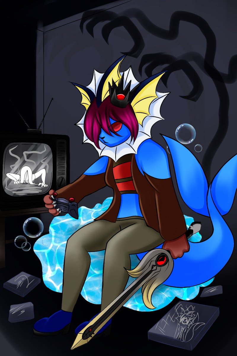 Eeveelight's tweet image. Thanks to @Danyinkflow for the comm of my Vaporeon boy Ethan, playing the spooky games as the haunting hour draws ever closer.