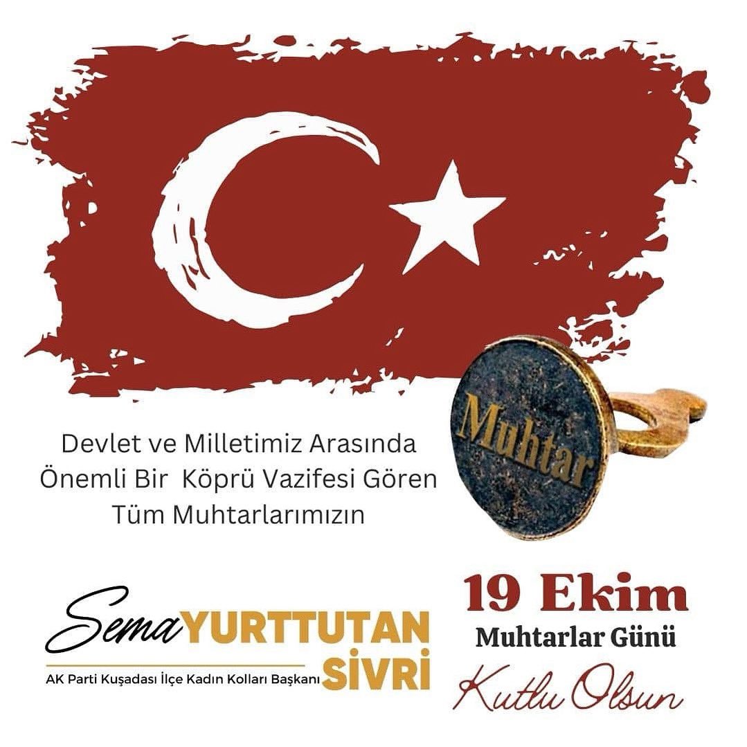 Demokrasimizin temel yapı taşı olarak devletimiz ve milletimiz adına özveriyle çalışan kıymetli muhtarlarımızın, 19 Ekim Muhtarlar Günü’nü kutluyorum. 

Sema YURTTUTAN SİVRİ
AK Parti Kuşadası İlçe Kadın Kolları Başkanı