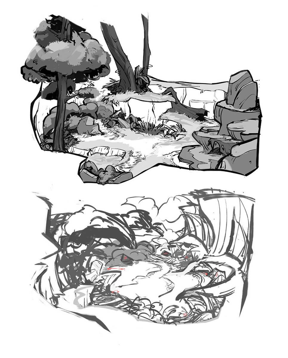 Two rough concept sketches of ThunderClan camp (from Warrior Cats)