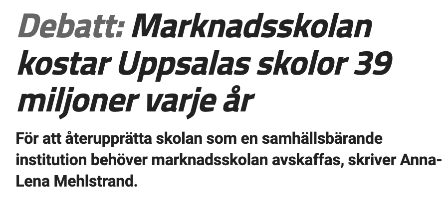 Marknadsskolan kostar Uppsalas skolor 39 miljoner varje år. Inte bara L som vill ha bort vinstsyftet från skolan. Det vill även Nätverket för en likvärdig skola. unt.se/debatt/artikel