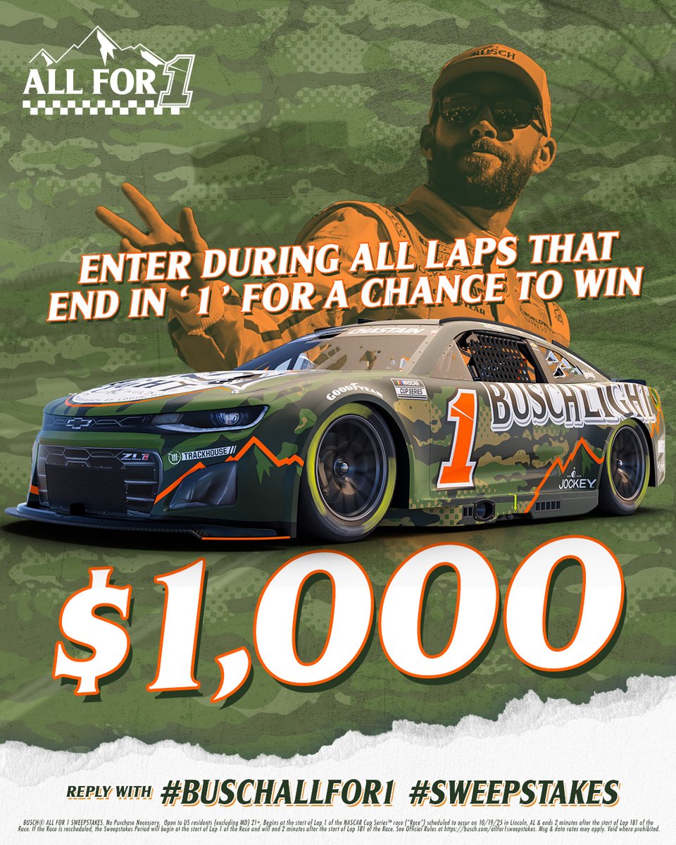 BuschBeer's tweet image. LAP 101: We’re in the 100s and you have a chance to WIN $1,000​

REPLY NOW using #BuschAllFor1 #Sweepstakes to enter for a chance to win #YellaWood500 @TALLADEGA
