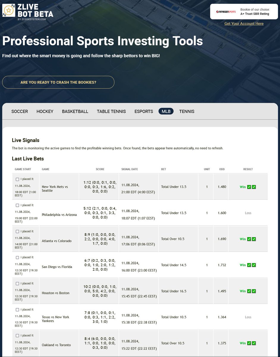 ZcodeAI's tweet image. ๐ค Ever wonder why some bettors are always ahead?
Zlive Bot is the hidden force with a 87.9% win rate across leagues.
Discover the secrets! ๐ zcodesystem.com/livebettingbot/
#BettingMystery