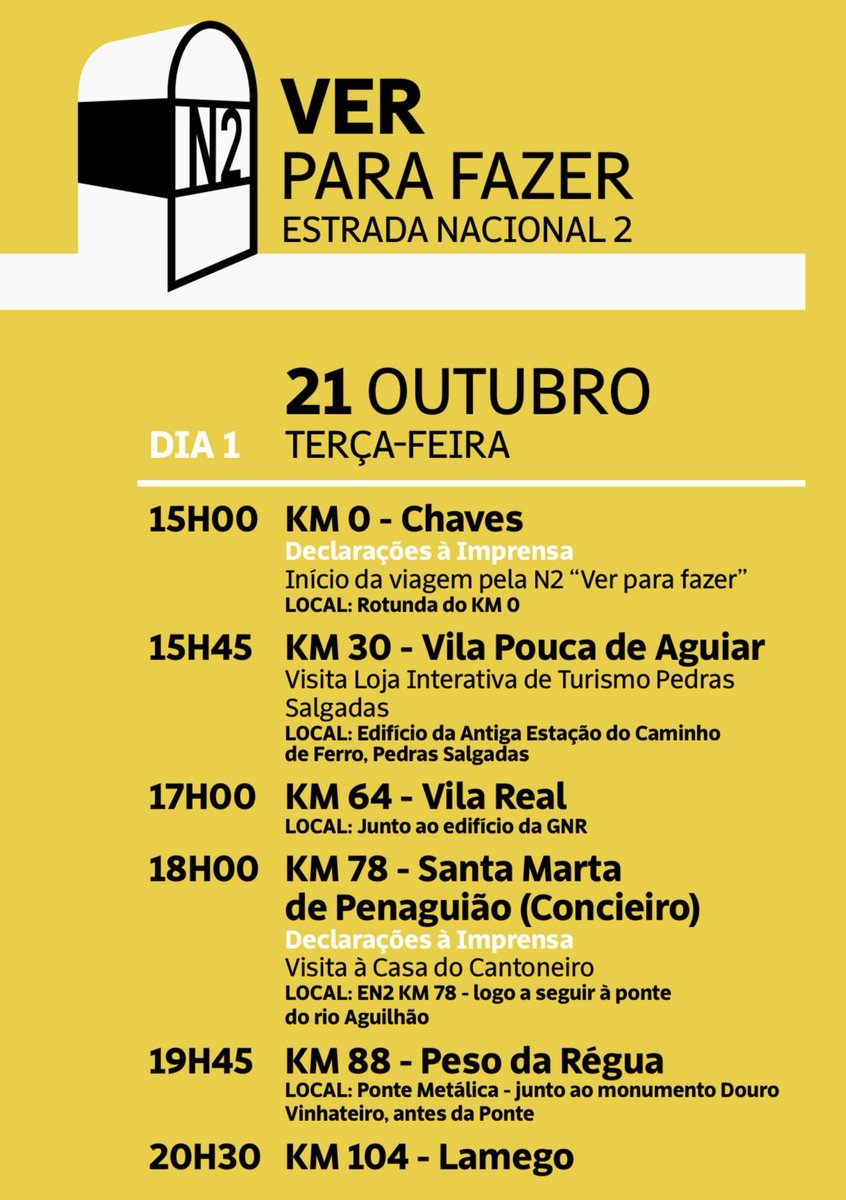 miguelluz's tweet photo. “Ver para Fazer” — Roteiro pela EN2

Entre os dias 21 e 24 de outubro, irei percorrer a Estrada Nacional 2, entre Chaves e Faro, acompanhado pelo Secretário de Estado da Administração Local e Ordenamento do Território, Silvério Regalado, e, em algumas etapas, pelo Secretário de Estado do Turismo, Comércio e Serviços, Pedro Machado.

Ao longo dos 738 quilómetros da mítica EN2 — que atravessa o país de norte a sul — vamos encontrar os autarcas dos 35 municípios que esta estrada liga, para ouvir, compreender e agir.

Este roteiro, sob o mote “Ver para Fazer”, pretende fazer uma radiografia das necessidades e potencialidades do interior de Portugal, nas áreas das infraestruturas, mobilidade, habitação e desenvolvimento territorial.