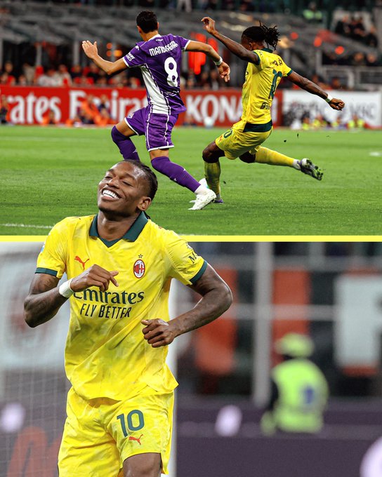 Upper image shows a soccer field scene with a player in purple jersey number 8 dribbling the ball forward arms outstretched while pursued by an opponent in yellow jersey number 1 with dreadlocks running alongside and another teammate in yellow jersey number 11 nearby stadium seats and advertising boards visible in background. Lower left inset depicts a smiling player in purple jersey running on green field with white shoes legs extended dynamically. Lower right image features a celebrating player in yellow AC Milan jersey number 10 with Emirates Fly Better logo arms raised triumphantly on field with blurred stadium crowd and person in green hat in background.