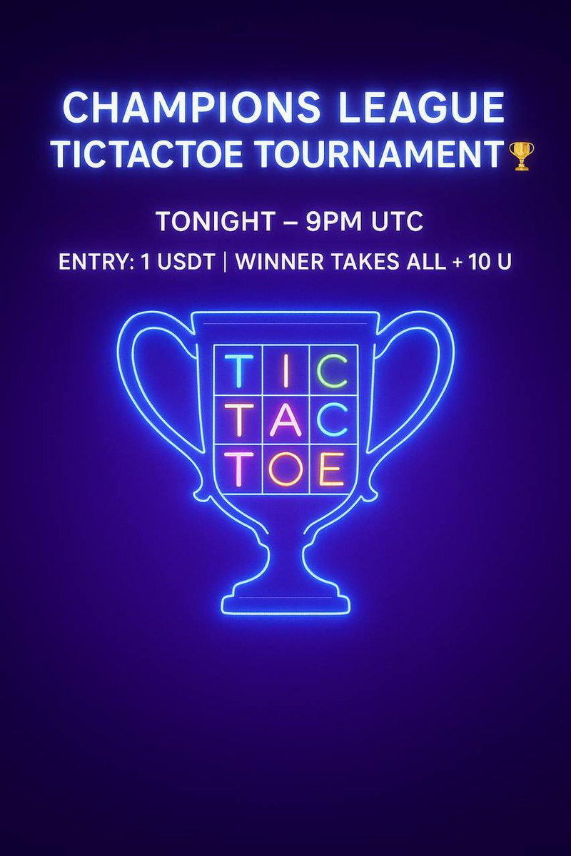 TicTacToe_P2E's tweet photo. CHAMPIONS LEAGUE TOURNAMENT NIGHT! ⚡️

It’s time for the Champions League TicTacToe Tournament 🏆

🎮 Entry: 1 USDT

💰 Winner Takes All + 10 USDT Bonus

🕘 Tonight – 9PM UTC

Let’s see who’s taking the crown this time 👑

📋 How to Register:
Drop your in-game username (with screenshot showing your wallet address & existing wins) in the #challenges telegramchat to confirm your spot.

Join TG: https://t.co/trJboAX3UM

📌 Tournament Rules:

1️⃣ Players must send a screenshot of their in-game username (with wallet address & current wins).

2️⃣ Players must drop the links of all their games into the watch Link chat so everyone else can watch the game.

3️⃣ First move must not be in the middle play smart, play fair!

🏅 Example: If 16 players join, the champion goes home with 16 USDT from in-game wins + 10 USDT bonus!

Let’s gooo!