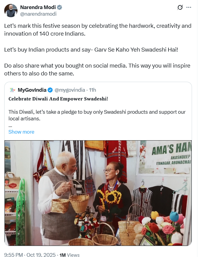 ANI's tweet photo. Prime Minister Narendra Modi tweets, "Let’s mark this festive season by celebrating the hardwork, creativity and innovation of 140 crore Indians. Let’s buy Indian products and say- Garv Se Kaho Yeh Swadeshi Hai! Do also share what you bought on social media. This way you will inspire others to also do the same."