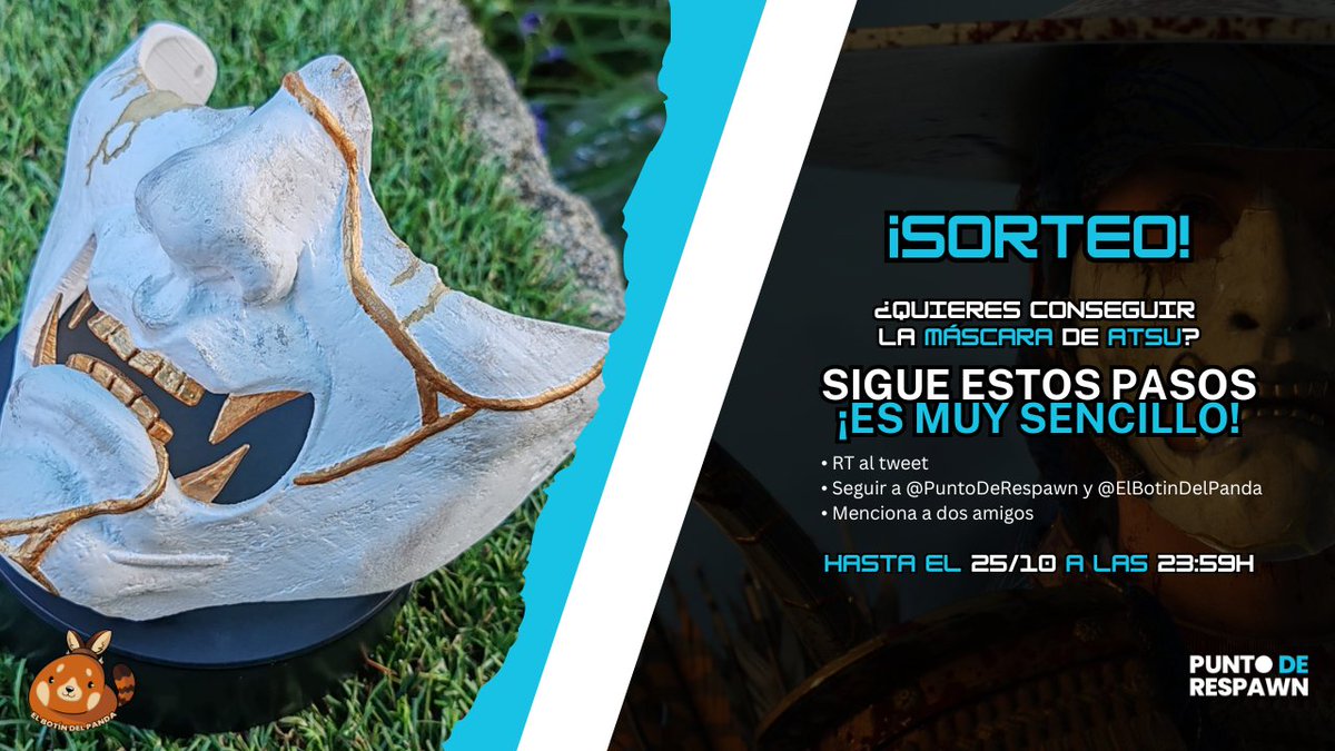 🔴🟢🔵 #SORTEO 

🎭 ¿Quieres conseguir la máscara de Atsu de #GhostOfYotei y ser el siguiente lobo solitario?

😌 ¡Es muy sencillo! Sigue estos pasos👇 

🔁 RT
 ▶ Seguir a <a href="/PuntoDeRespawn/">Punto De Respawn</a> y <a href="/ElBotinDelPanda/">El Botín del Panda 💰🐼🧡</a> 
💬 Menciona a dos amigos 

⚠ Envío a España (península)