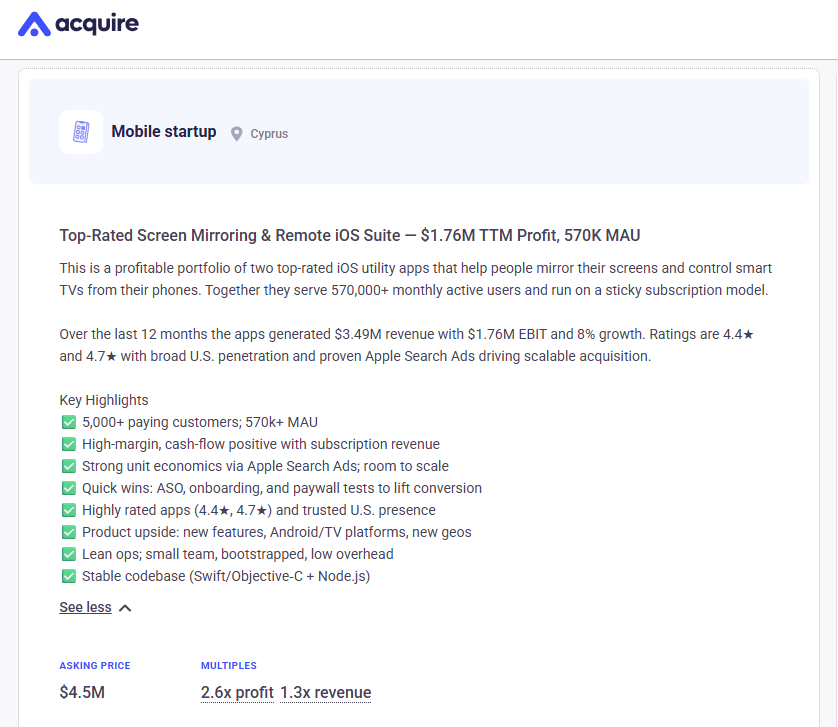 agazdecki's tweet image. Some mobile apps are crazy profitable.
This one generates $1,800,000 per year!🤯
Now live on @acquiredotcom: Top rated iOS apps for screen mirroring and remote control.
> 570K monthly users
> $3.5M revenue
> $1.8M profit
> Bootstrapped
Full listing: app.acquire.com/startup/Xr6l0D…