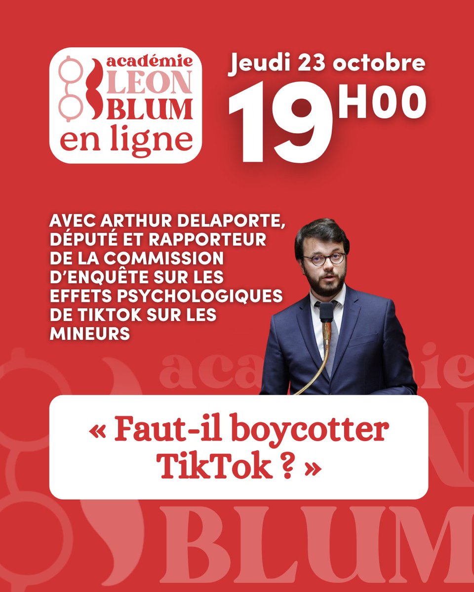 Nouvelle session des Jeudis Léon Blum ! 🎓

Avec <a href="/ArthurDelaporte/">Arthur Delaporte</a>, député du Calvados et rapporteur de la commission d’enquête sur les effets psychologiques de TikTok sur les mineurs.

🗓️ Jeudi 23 oct. — 19h à 20h, en visio.

→ bit.ly/jeudiALB