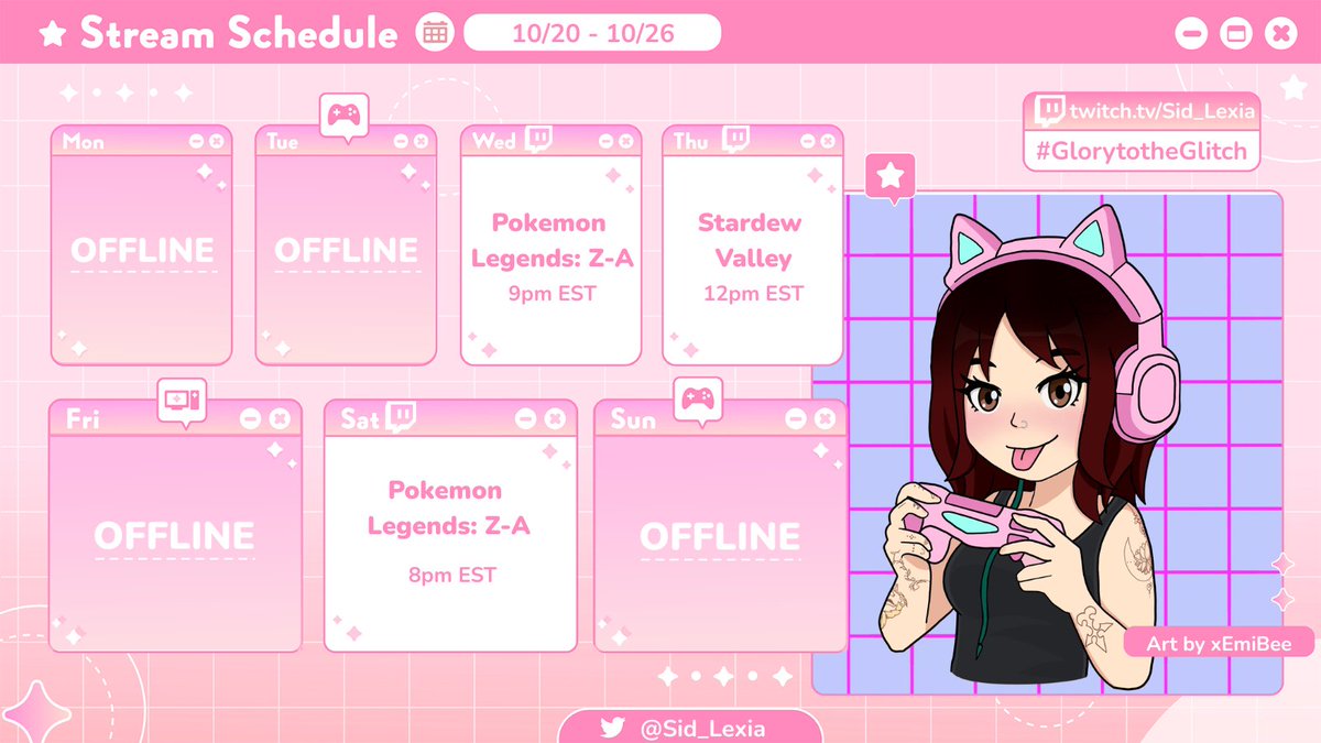 Stream schedule for The Glitch Kingdom this week! Can't wait to pick up and play Z-A with you guys and show off my farm in Stardew! Glory to the Glitch 💜💜💜