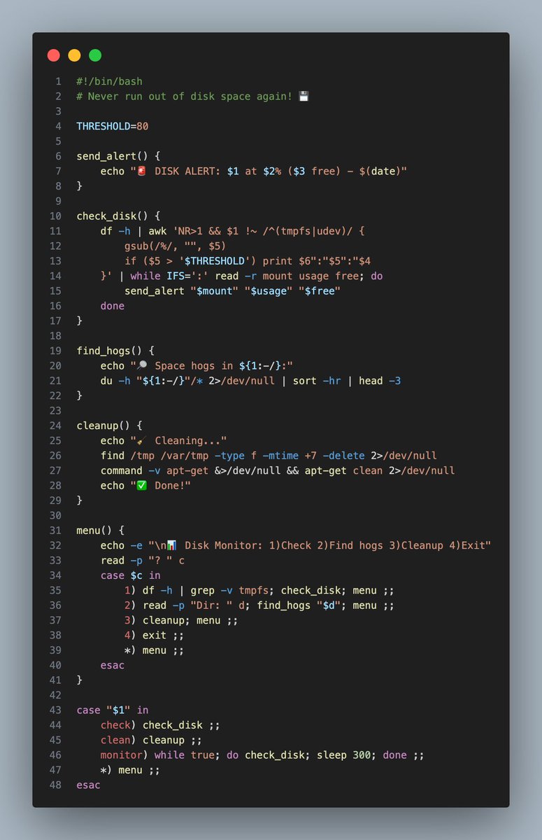livingdevops's tweet image. Shell script that monitors your system disk space, stores logs, sends alerts when storage hits dangerous levels, and auto-cleans temp files to prevent server crashes.
👇Check comments for link to detailed script and documentation.
