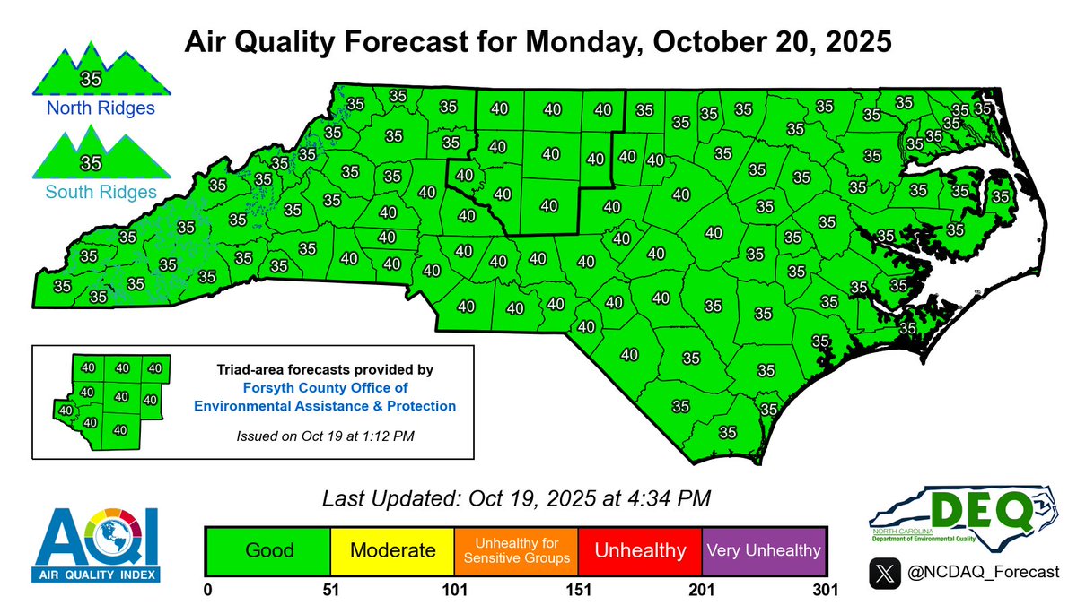 Here is the latest NC Air Quality Forecast for Monday, 10/20/2025
#ncwx #airquality #AQI

For our discussion &amp; KML files: airquality.climate.ncsu.edu/discussion/?is…