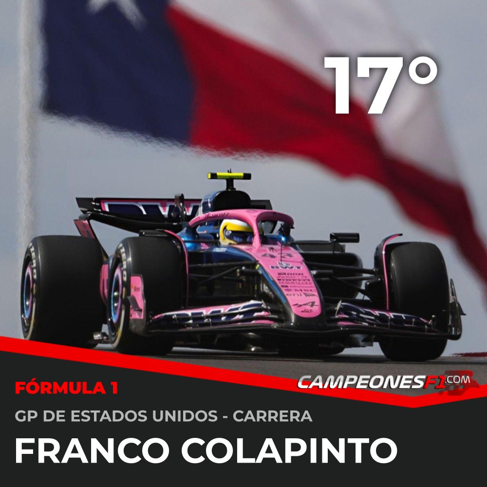 #F1 | 🇦🇷 COLAPINTO TERMINÓ 17° EN COTA

👉 El piloto argentino completó una nueva competencia, superando sobre el cierre a su compañero de equipo en Alpine Pierre Gasly, quien finalmente fue 19°.

🏁 Fórmula 1 - GP de Estados Unidos

🥇 M. Verstappen (Red Bull)
🥈 L. Norris
