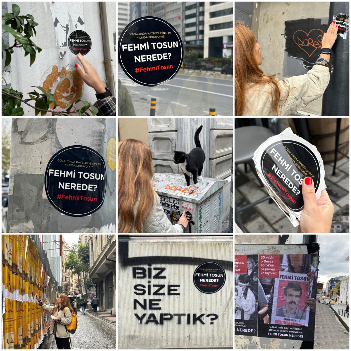 Bugün babamın gözaltında kaybedilişinin 30. yılı.
30 yıldır aynı soruyu soruyoruz, aynı duvarlara yeniden yazıyoruz:
Fehmi Tosun nerede?

Sokaklarda stickerları yapıştırırken bir yazıya denk geldim:
“Biz size ne yaptık?”

30 yıldır süren adaletsizliğin, zulmün ortasında o