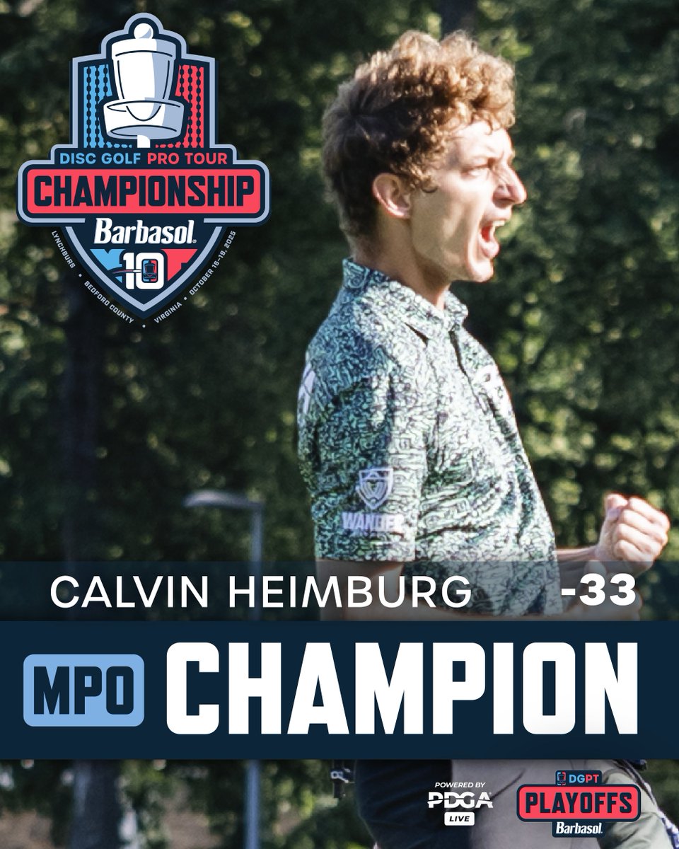 DiscGolfProTour's tweet photo. For $30,000!!! Calvin Heimburg is the 10th Disc Golf Pro Tour Championship presented by Barbasol MPO Champion! 🏆 https://t.co/D1Ugq24RuT