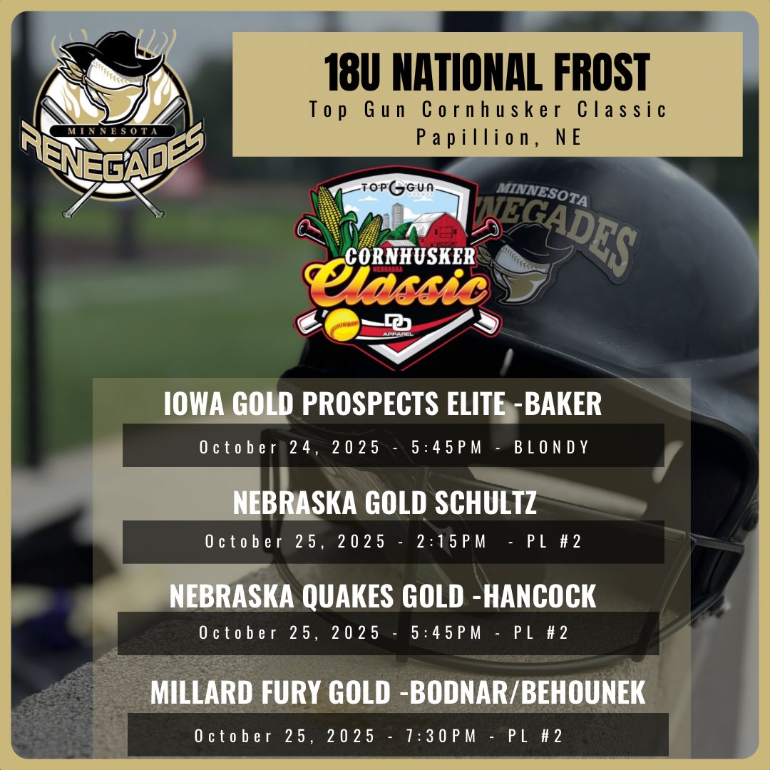 Schedule for next weekends Top Gun Cornhusker Classic! <a href="/MNRenegadesSB/">Minnesota Renegades</a> <a href="/TopGunEvents/">Top Gun Events</a>