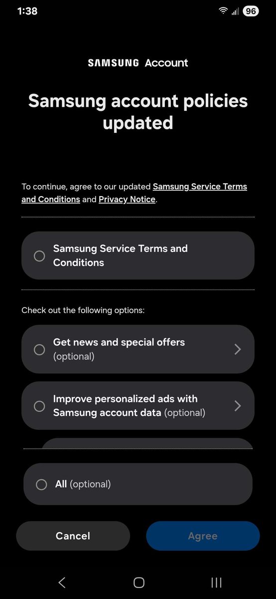 No option to disagree, and im trying to sign out of my samsung account
this shits getting severely demotivating
#clippy