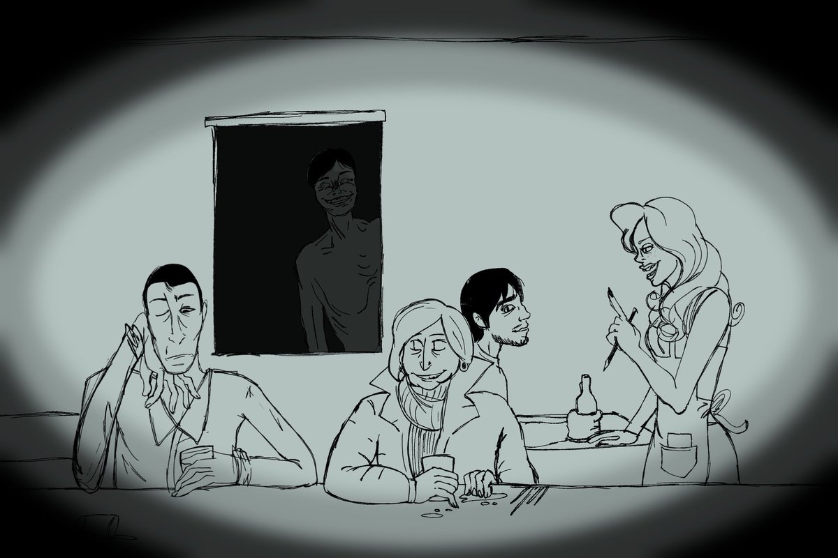 Vifulecho's tweet photo. At the bar, that happends to be full of visitors
(Really bad sketch lol)
#ninah #noimnotahuman #yacob #coatguy #seductivelady #barguy https://t.co/JEwdYQWoRZ