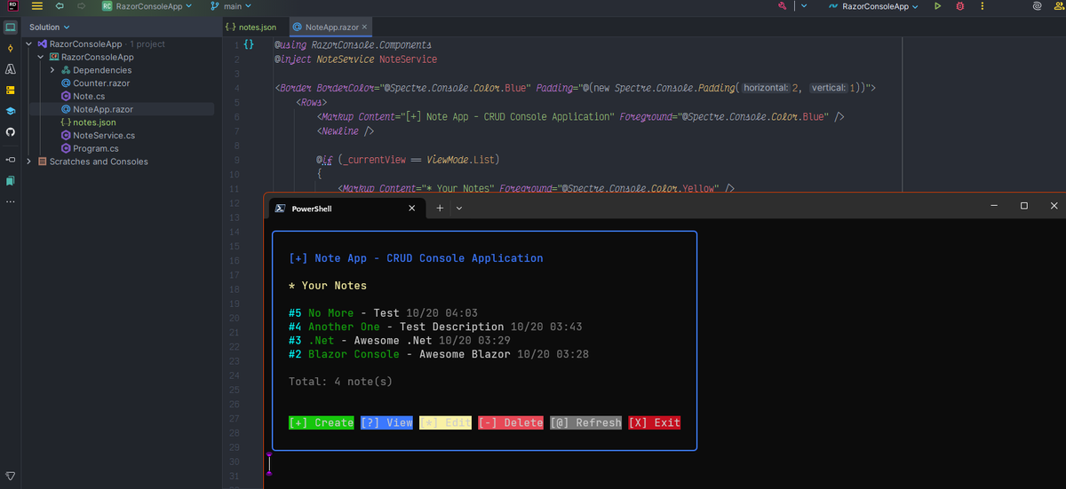 Built a terminal-based note-taking app using Blazor components that renders colorful, interactive UI right in the console with Spectre.Console and RazorConsole — check it out: github.com/DennisPitallan….