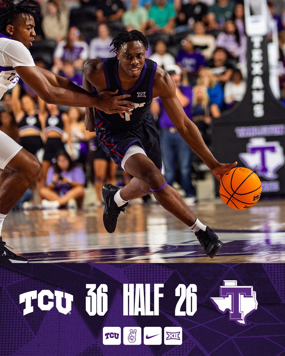 TCU shot 52% from the field and leads the Texans by 10 at the break.
