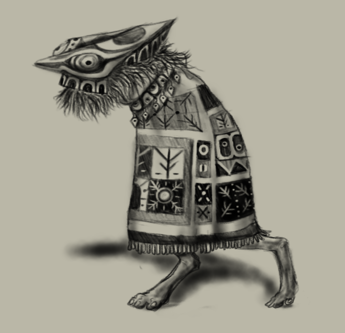 Masked dancer wearing an effigy of a beast of burden and a blanket with patches cataloguing the nomad group's history and mythology
