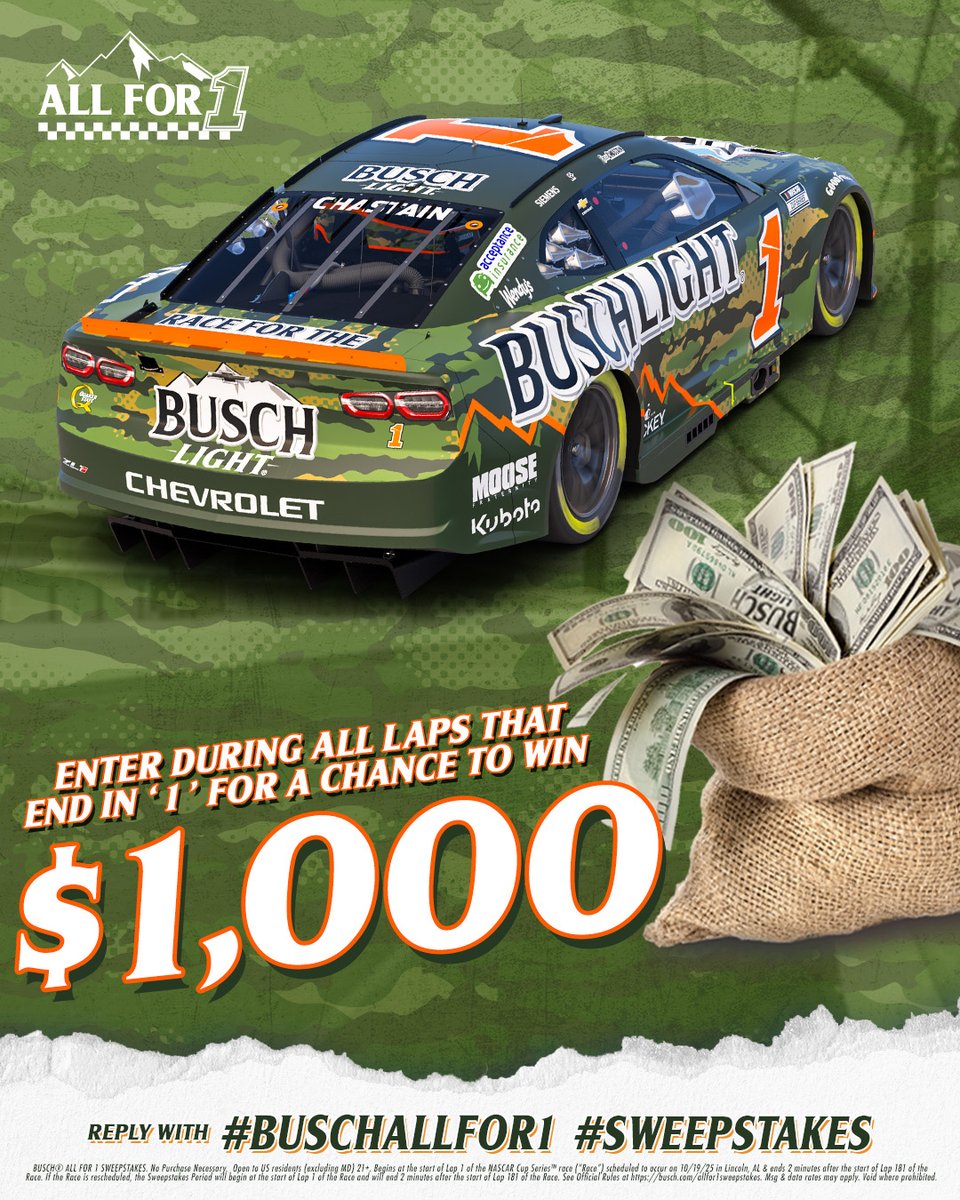 BuschBeer's tweet image. LAP 131: Don’t leave a chance to WIN $1,000 on read​

REPLY NOW using #BuschAllFor1 #Sweepstakes to enter for a chance to win #YellaWood500 @TALLADEGA