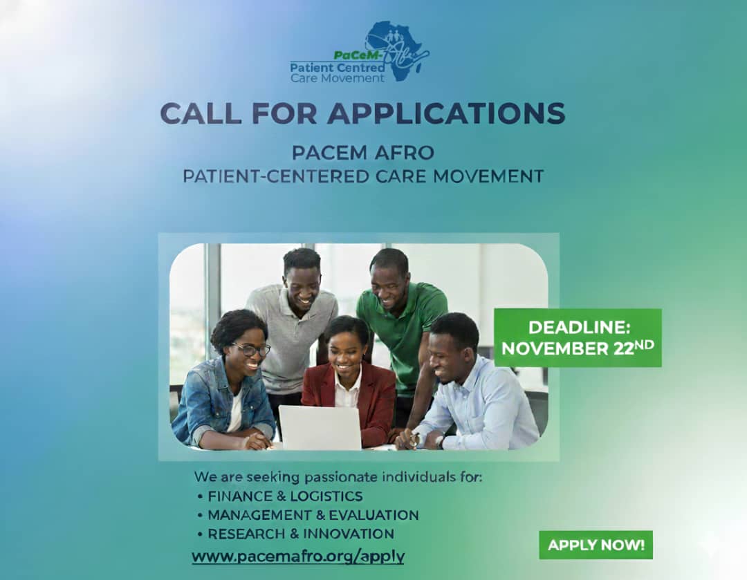 pacemafro's tweet photo. Patient Centred Care Movement Africa  is seeking enthusiastic health professional students continent wide to join its Secretariat  for the three vacant positions and drive the transformation of healthcare through Patient-Centered Care.
Deadline :22nd Nov.
https://t.co/WMDa9IGFJ6 https://t.co/3fC2U6mm9F