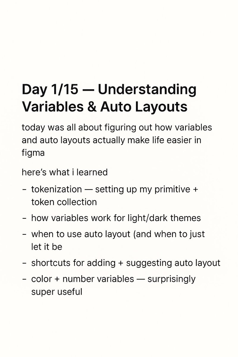 buildwithNakwe's tweet image. Day 1/15 – Understanding Variables &amp;amp; Auto Layouts today was all about figuring out how variables and auto layouts actually make life easier in figma what i learned 👇
TOKENIZATION #allinUX #UIUXdesigner #productdesign