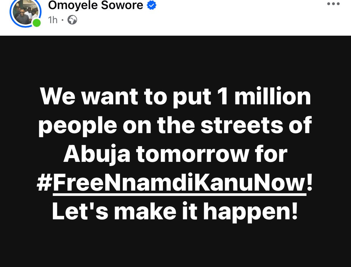We warmly welcome everyone who has traveled from far and wide to join the #FreeNnamdiKanuNow protest tomorrow. Your courage, sacrifice, and solidarity speak volumes together; we are writing history.

We will converge in front of the Transcorp Hilton, Abuja, at exactly 7:00 a.m.