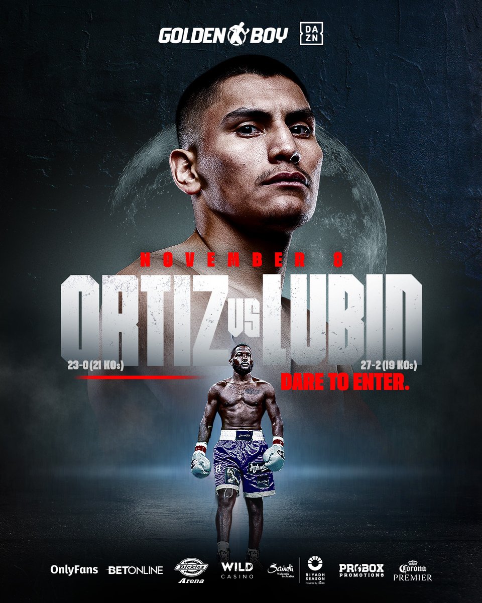 GoldenBoyBoxing's tweet photo. 🔥 Vergil Ortiz 🆚 Erickson Lubin 🔥

🗓 November 8
📍 Dickies Arena

𝑺𝒆𝒄𝒖𝒓𝒆 𝒚𝒐𝒖𝒓 𝒔𝒆𝒂𝒕 𝒏𝒐𝒘!
🎟️: https://t.co/thkoMyatk7

#OrtizLubin | LIVE on DAZN | Nov. 8 https://t.co/NDDt5gRmHS