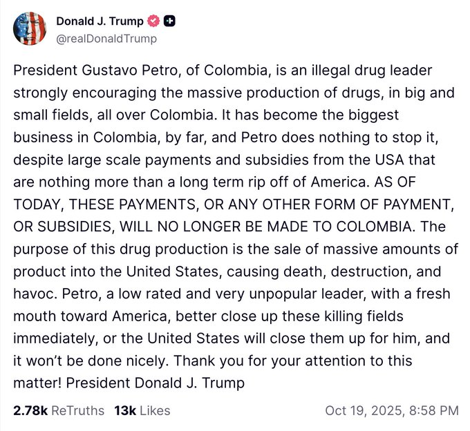 The bloviating war president threatens another country under the pretense of the war on drugs when the billionaire narcoterrorist Sackler family behind the opioid crisis roams free and the US continues to export what it excels in: death and destruction.